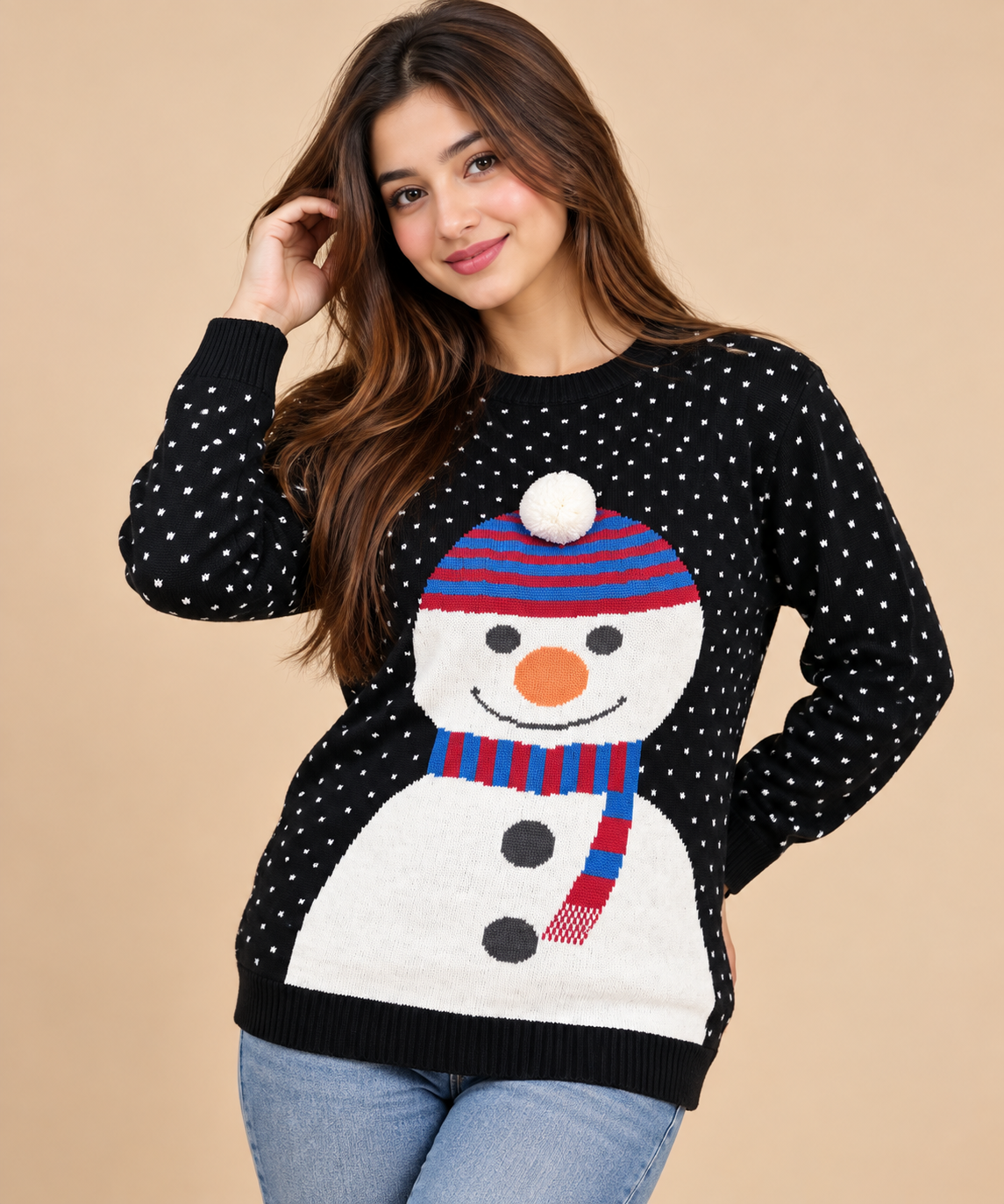 BLUSH women’s black snowman Christmas jumper in UK Size M. Cosy festive knit with colourful snowman design, long sleeves and 4-star rating.