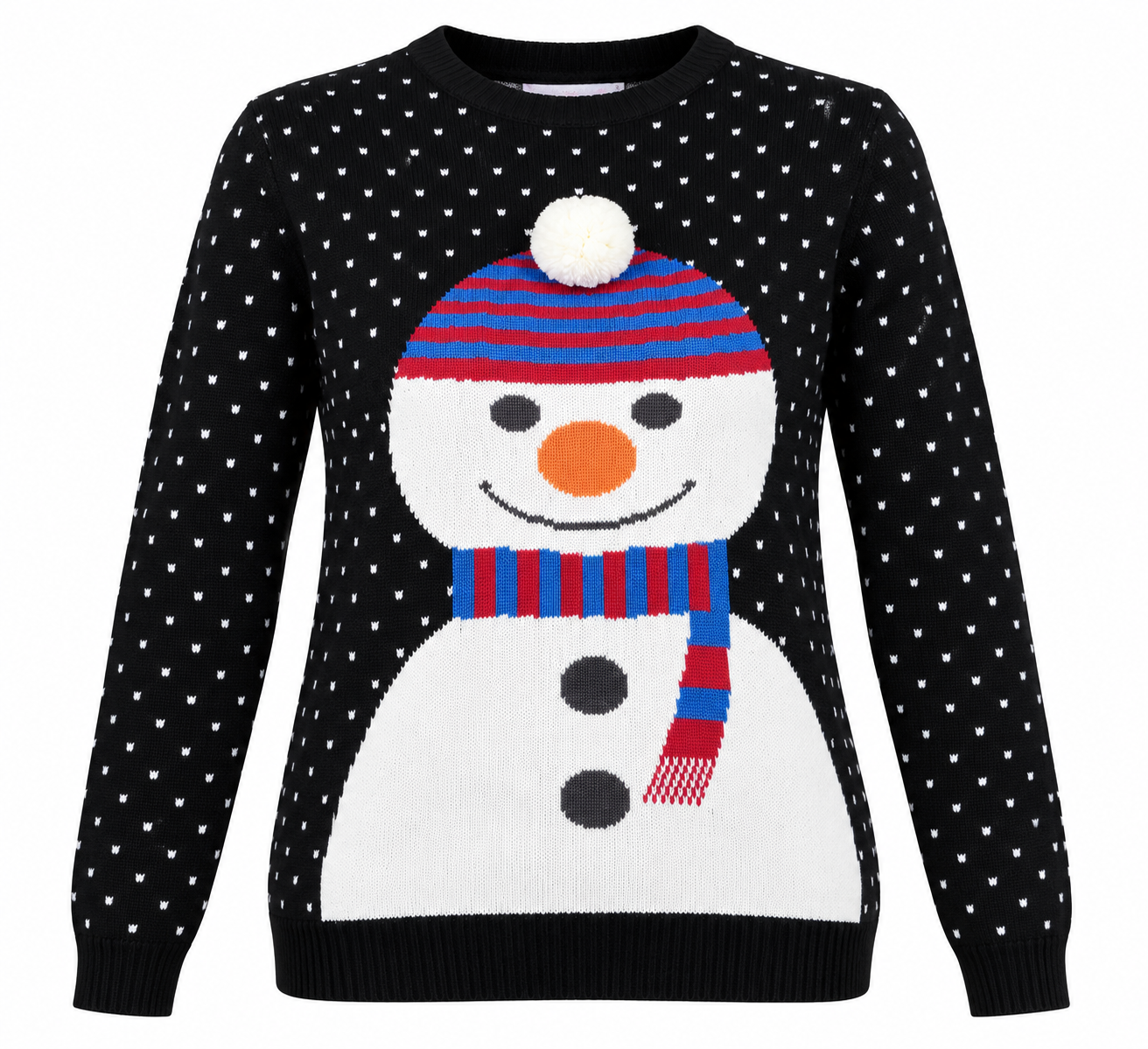 BLUSH women’s black snowman Christmas jumper in UK Size M. Cosy festive knit with colourful snowman design, long sleeves and 4-star rating.