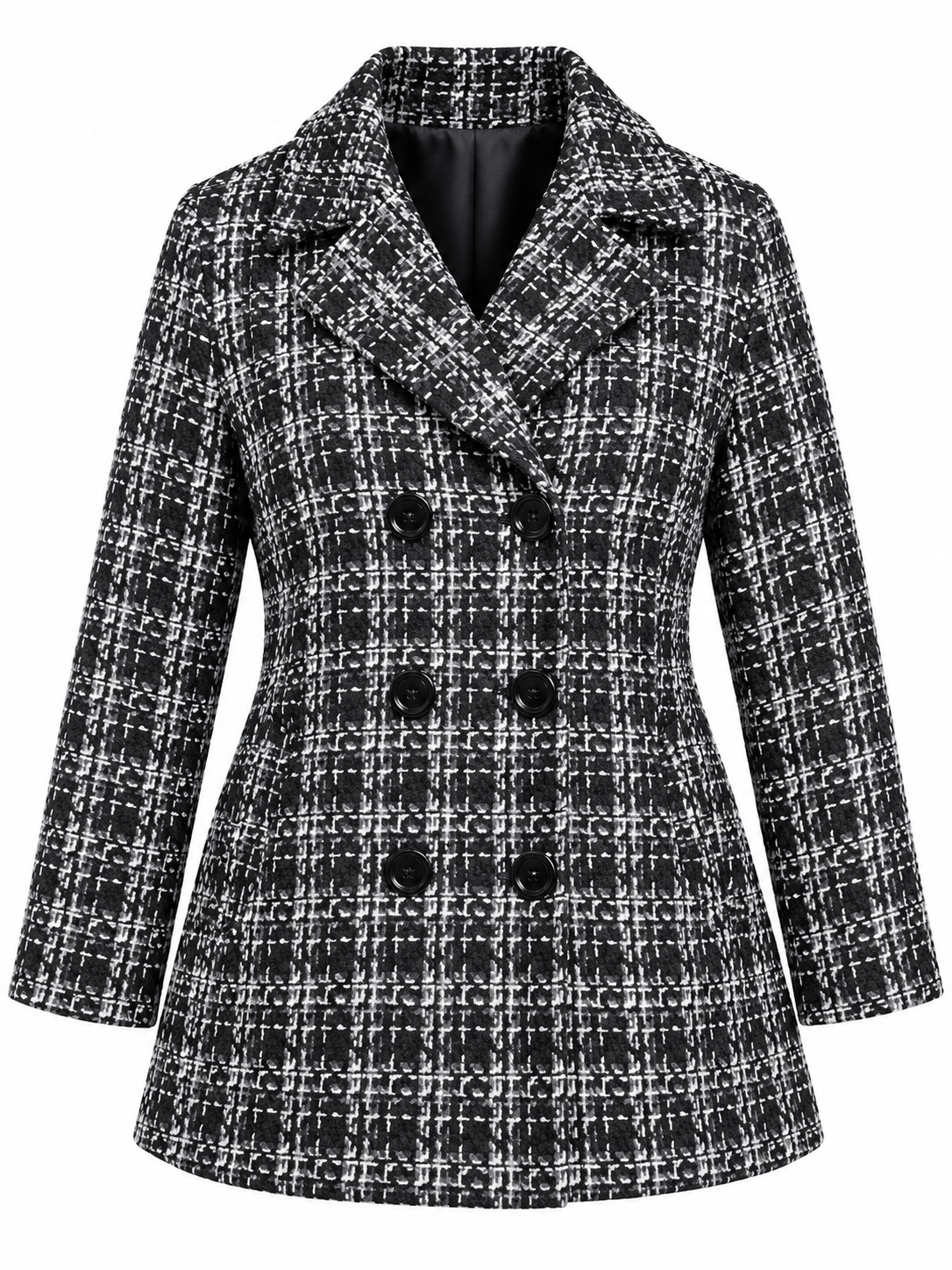 BM Collection Women's Black & White Textured Double-Breasted Coat in UK Size 20. Stylish winter outerwear with classic lapels and button fastening.