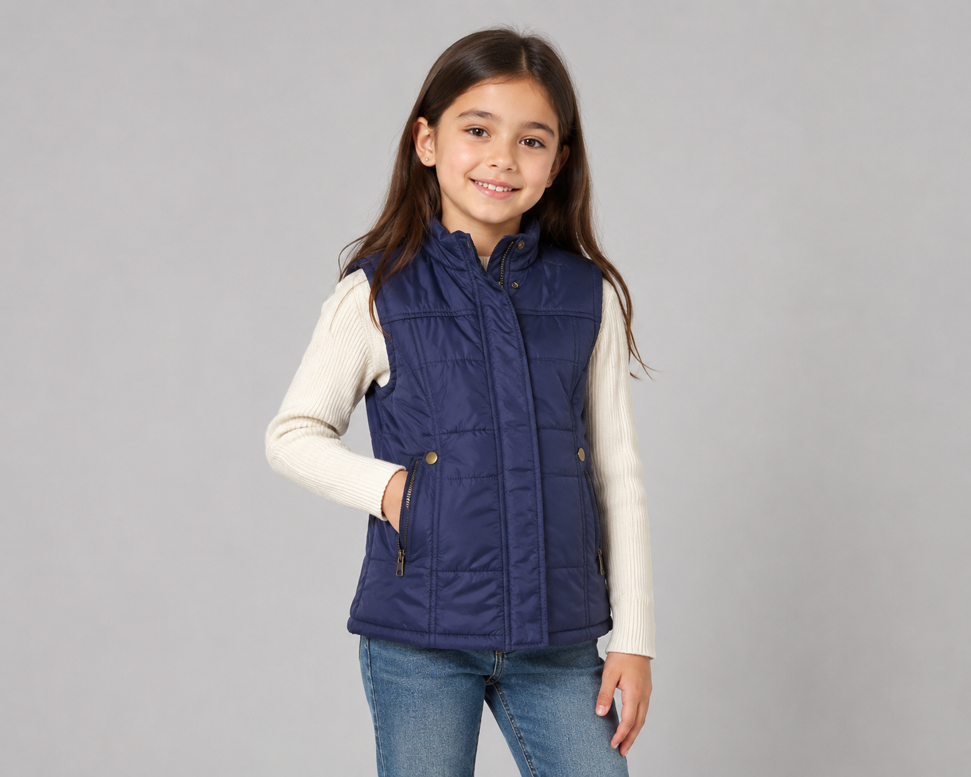  Board Angels girls' navy blue quilted puffer gilet in UK size 7-8 years. Stylish padded vest with zipped pockets, high collar and practical layering design.