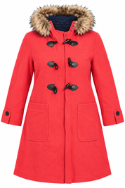 BODEN Women's Light Red Hooded Duffle Winter Coat in UK Size 3XL. Featuring faux fur trim, toggle fastenings and a stylish longline design.