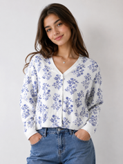 Boden women's white floral cardigan in UK Size M. Featuring a blue botanical print, V-neck and button-front design. Stylish and versatile everyday layer.