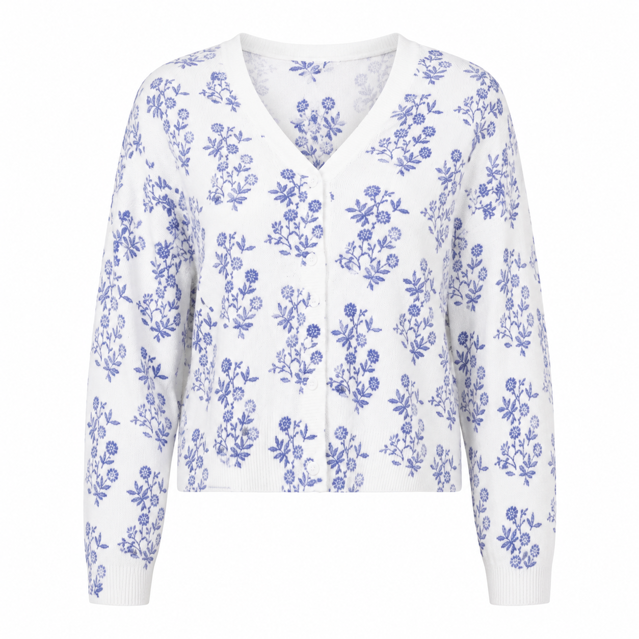 Boden women's white floral cardigan in UK Size M. Featuring a blue botanical print, V-neck and button-front design. Stylish and versatile everyday layer.