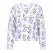 Boden women's white floral cardigan in UK Size M. Featuring a blue botanical print, V-neck and button-front design. Stylish and versatile everyday layer.