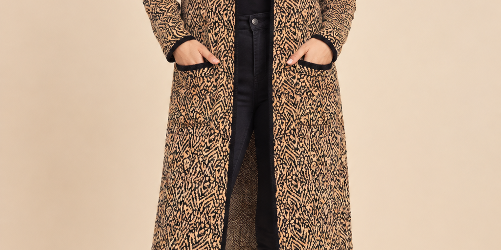   Bonmarché women’s UK size 18 longline cardigan coat with a camel and black geometric print, open front, pockets and contrast trim. Stylish imported UK fashion.