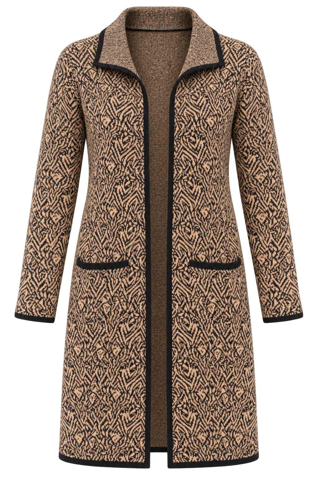   Bonmarché women’s UK size 18 longline cardigan coat with a camel and black geometric print, open front, pockets and contrast trim. Stylish imported UK fashion.