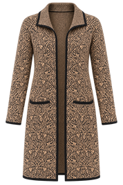   Bonmarché women’s UK size 18 longline cardigan coat with a camel and black geometric print, open front, pockets and contrast trim. Stylish imported UK fashion.
