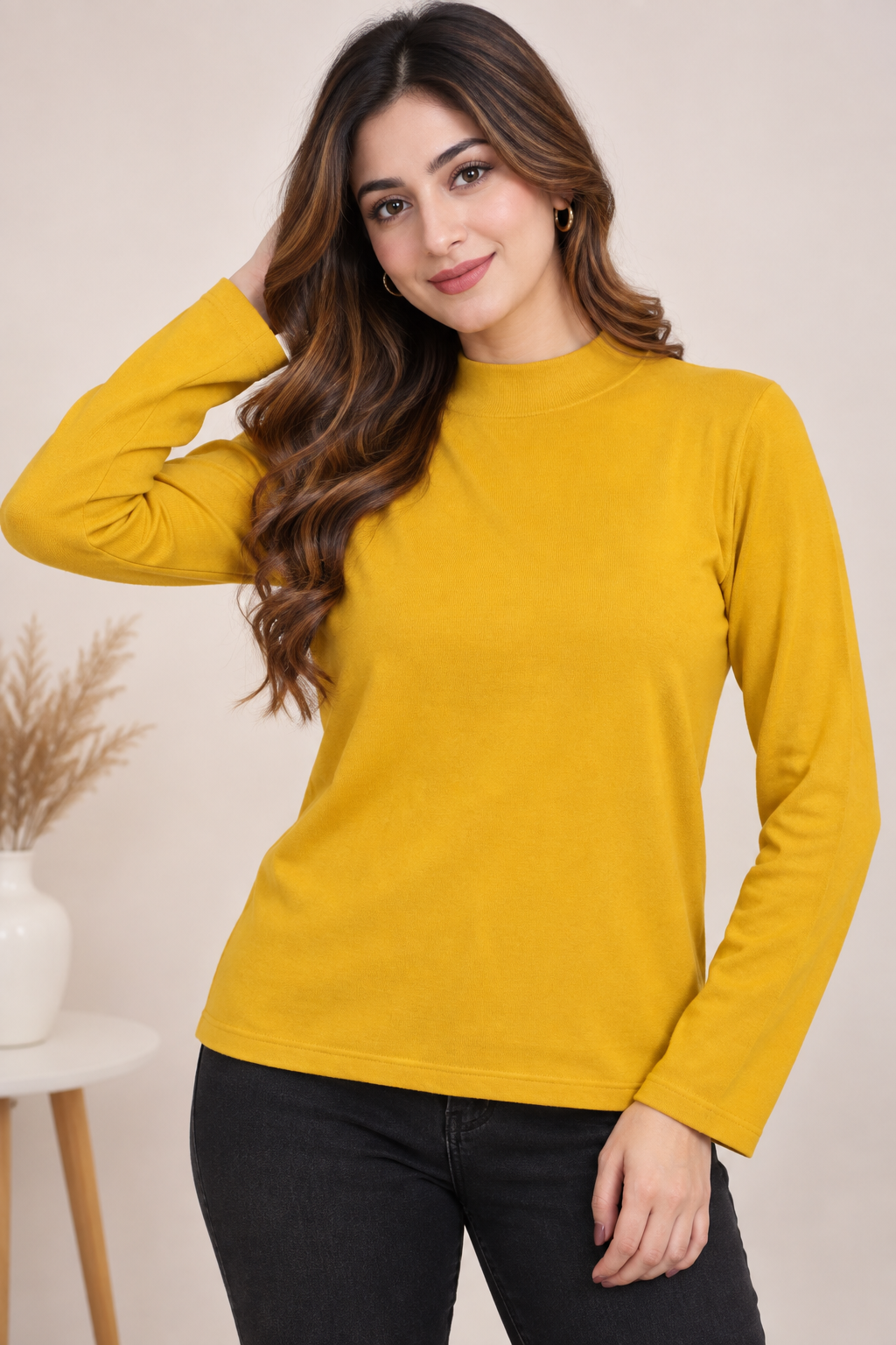  Bonmarché women’s mustard yellow mock neck long sleeve top in UK Size 16/18. A stylish and versatile choice for casual and everyday wear.