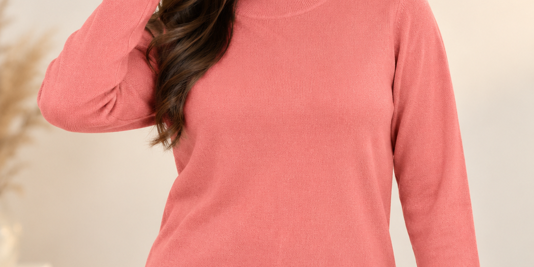 Bonmarché Women's Coral Pink Mock Neck Jumper in UK Size 16–18. Soft, stylish long sleeve knitwear, perfect for casual and everyday outfits.
