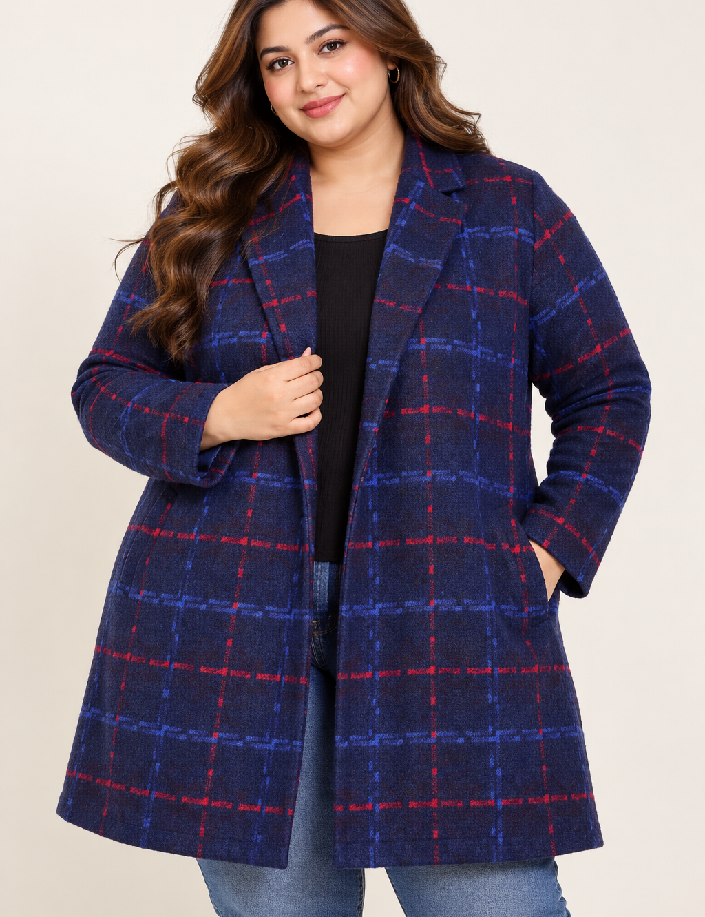 BONMARCHE women’s navy blue check long coat in UK Size 3XL. Stylish red and blue plaid design with classic lapels, perfect for autumn and winter.