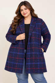 BONMARCHE women’s navy blue check long coat in UK Size 3XL. Stylish red and blue plaid design with classic lapels, perfect for autumn and winter.