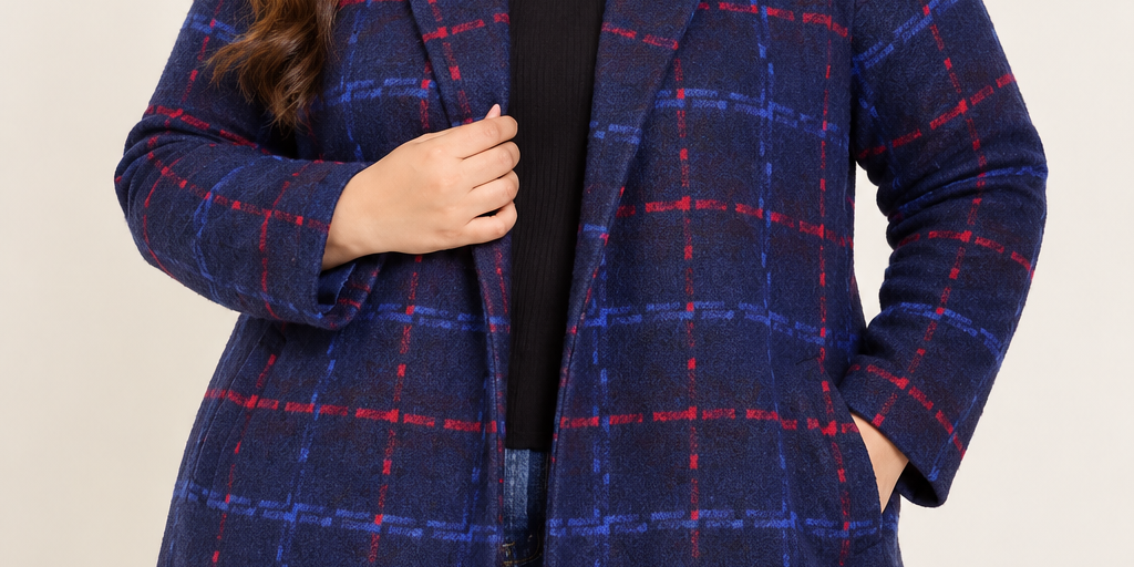BONMARCHE women’s navy blue check long coat in UK Size 3XL. Stylish red and blue plaid design with classic lapels, perfect for autumn and winter.
