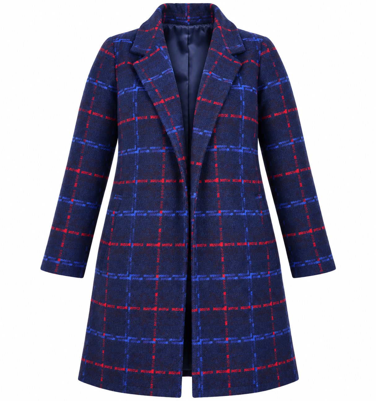 BONMARCHE women’s navy blue check long coat in UK Size 3XL. Stylish red and blue plaid design with classic lapels, perfect for autumn and winter.