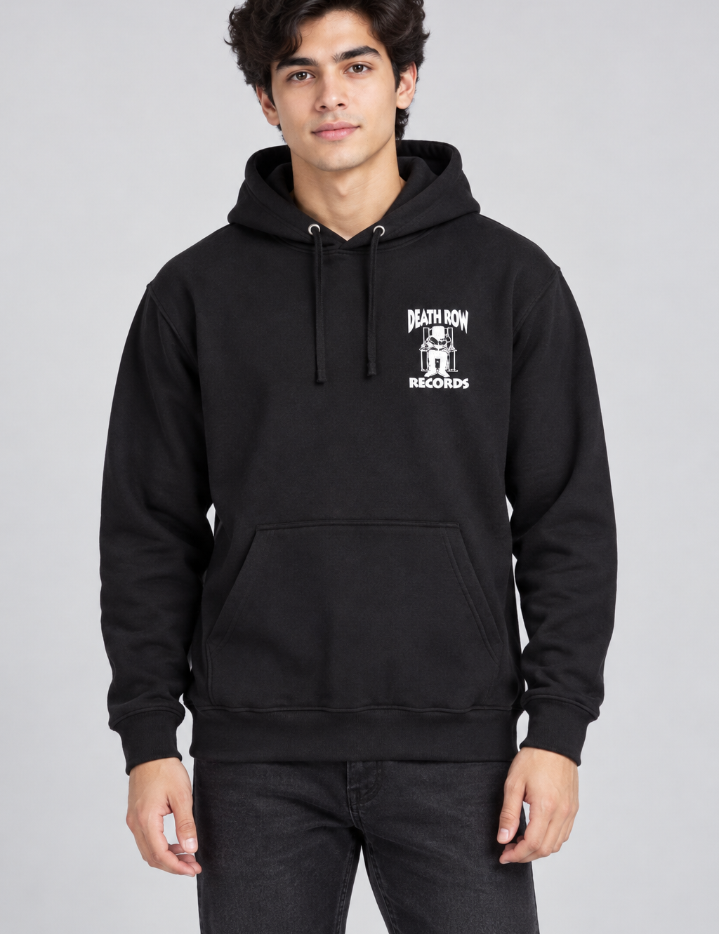   Boohoo Black Death Row Records Graphic Hoodie in UK size M. A comfortable black pullover hoodie with a bold graphic print and kangaroo pocket.