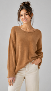 BOOHOO camel brown knitted jumper in UK size M. Stylish relaxed-fit women’s sweater with long sleeves, round neck and cosy knit texture.