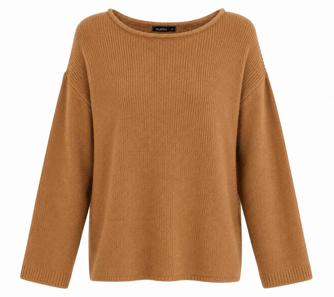 BOOHOO camel brown knitted jumper in UK size M. Stylish relaxed-fit women’s sweater with long sleeves, round neck and cosy knit texture.