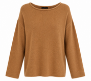 BOOHOO camel brown knitted jumper in UK size M. Stylish relaxed-fit women’s sweater with long sleeves, round neck and cosy knit texture.