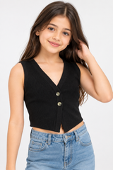 Boohoo Girls Black Ribbed Button-Up Sleeveless Vest