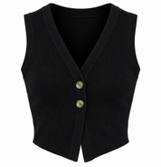  Boohoo Black Ribbed Sleeveless Vest in UK Size 10–12. Stylish V-neck, button-front design with a versatile cropped fit. Original UK customer return.