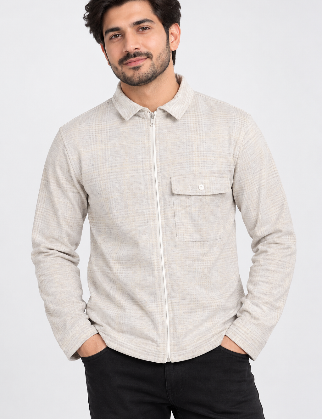  Boohoo Men’s Beige Check Zip-Up Overshirt in UK Size L. Stylish collared design with full zip and chest pocket. Original UK branded fashion.