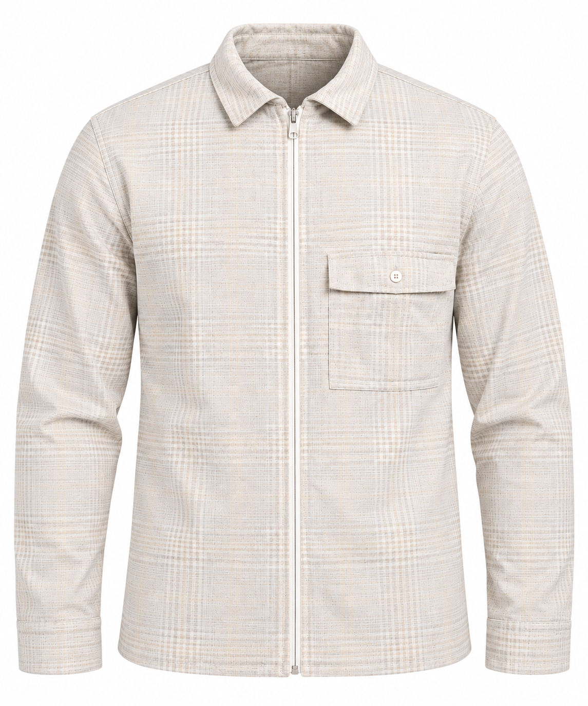  Boohoo Men’s Beige Check Zip-Up Overshirt in UK Size L. Stylish collared design with full zip and chest pocket. Original UK branded fashion.