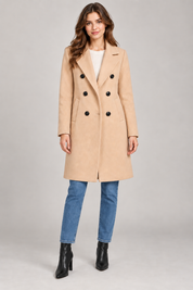   Boohoo women’s beige double-breasted long coat in UK size 10. A stylish tailored winter coat with lapels, black buttons and front pockets.