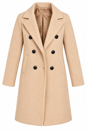   Boohoo women’s beige double-breasted long coat in UK size 10. A stylish tailored winter coat with lapels, black buttons and front pockets.