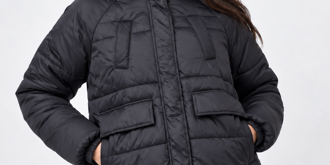 Boohoo women’s black quilted hooded puffer jacket in UK Size S. Stylish, warm and comfortable UK branded outerwear for winter and everyday wear.