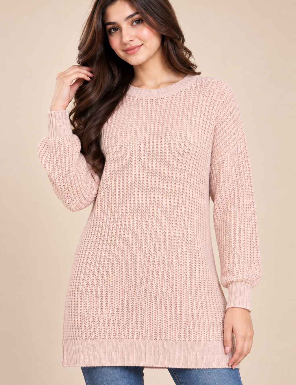 BOOHOO Women’s Blush Pink Chunky Knit Longline Jumper in UK Size M. Cozy crew-neck design with long sleeves and a straight ribbed hem.