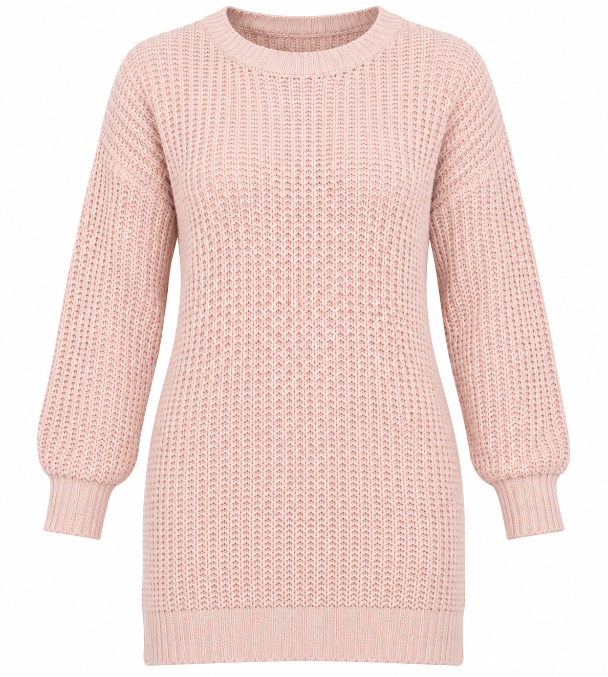 BOOHOO Women’s Blush Pink Chunky Knit Longline Jumper in UK Size M. Cozy crew-neck design with long sleeves and a straight ribbed hem.
