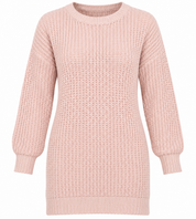 BOOHOO Women’s Blush Pink Chunky Knit Longline Jumper in UK Size M. Cozy crew-neck design with long sleeves and a straight ribbed hem.