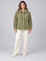 Boohoo Women Olive Green Teddy Fleece Button-Up Jacket