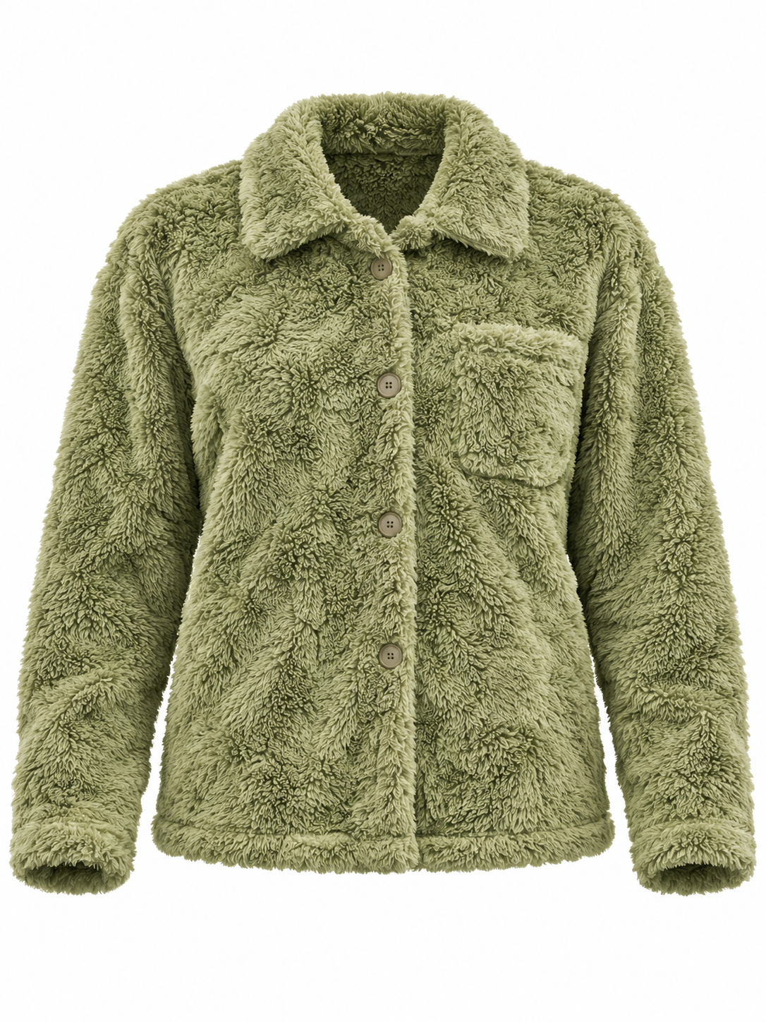   Boohoo women’s olive green teddy fleece jacket in UK 10. Textured button-up style with a classic collar, long sleeves and chest pocket.