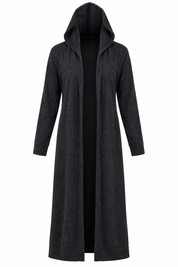  Boohoo women’s black long hooded cardigan in UK Size 12. Stylish longline design with long sleeves, perfect for casual everyday layering.