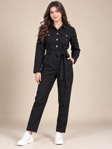 Boohoo Women's Black Long Sleeve Utility Cargo Jumpsuit with Tie Waist Belt