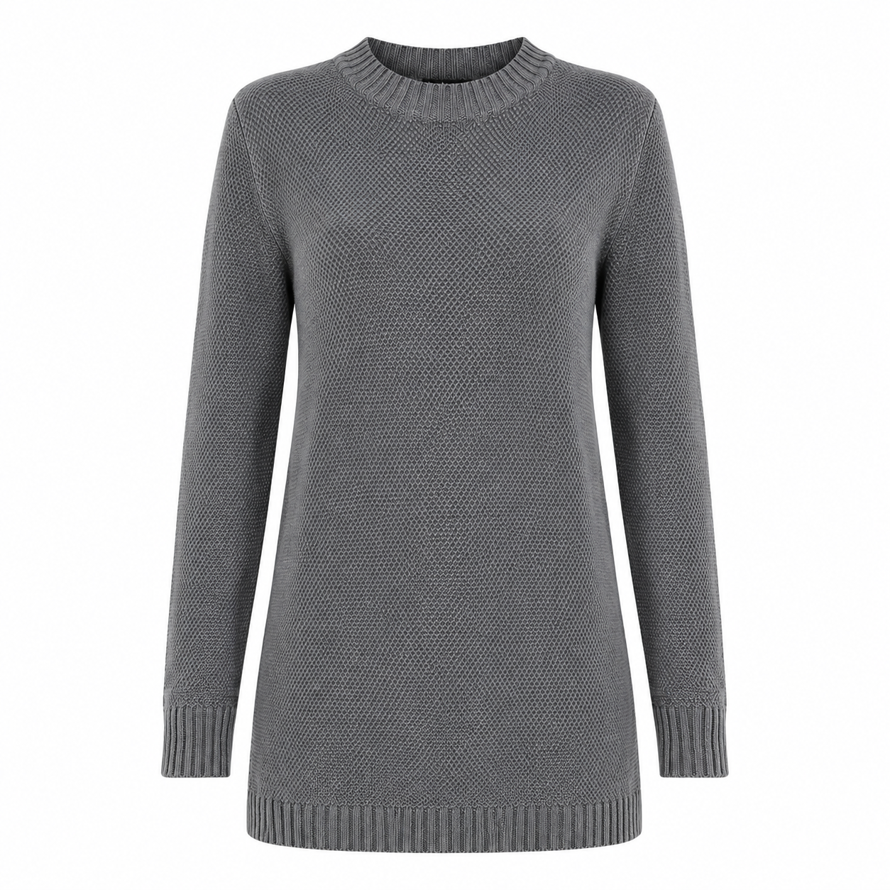  Boohoo women’s grey textured knit jumper in UK Size M. Long-sleeve crew neck design with ribbed trims, perfect for casual everyday styling.