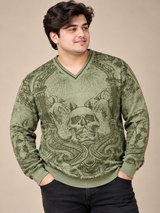 BoohooMAN Men’s Olive Green Skull Graphic V-Neck Jumper