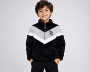  Boxer Craft boys' black and grey fleece half-zip pullover in UK size S. Cosy plush fleece, stylish chevron design and FC logo, perfect for casual wear.
