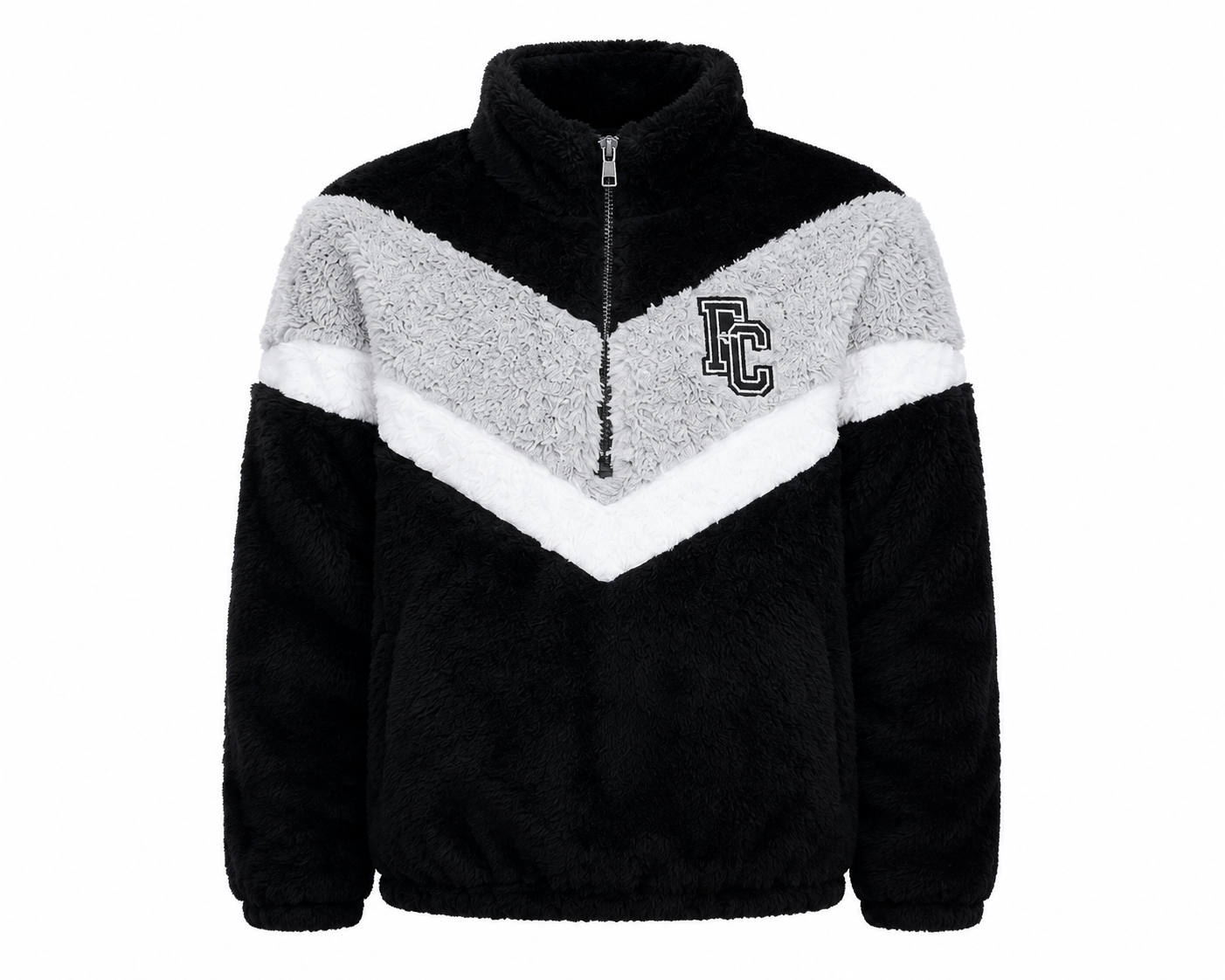  Boxer Craft boys' black and grey fleece half-zip pullover in UK size S. Cosy plush fleece, stylish chevron design and FC logo, perfect for casual wear.