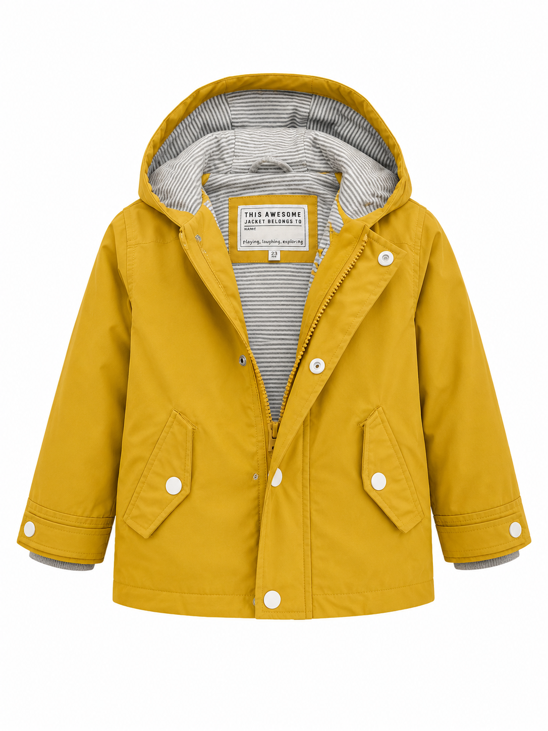 A mustard yellow hooded raincoat with a gray and white striped lining, featuring a front zipper, snap buttons, and flap pockets, shown against a plain white background.