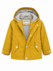 A mustard yellow hooded raincoat with a gray and white striped lining, featuring a front zipper, snap buttons, and flap pockets, shown against a plain white background.