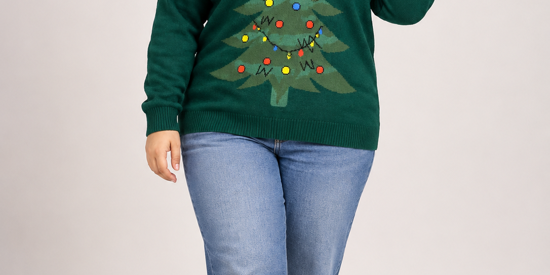  BPC Women's Dark Green Christmas Tree Knitted Jumper in UK 4XL. A cosy festive sweater with colourful Christmas design. Perfect for winter.