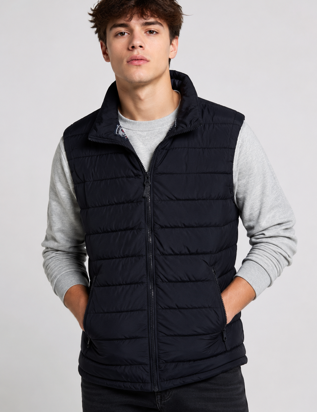  BRAVE SOUL Men's Black Quilted Puffer Jacket featuring a lightweight padded design, full zip closure, stand-up collar, and zippered pockets. Ideal for everyday wear, outdoor activities, and winter layering.