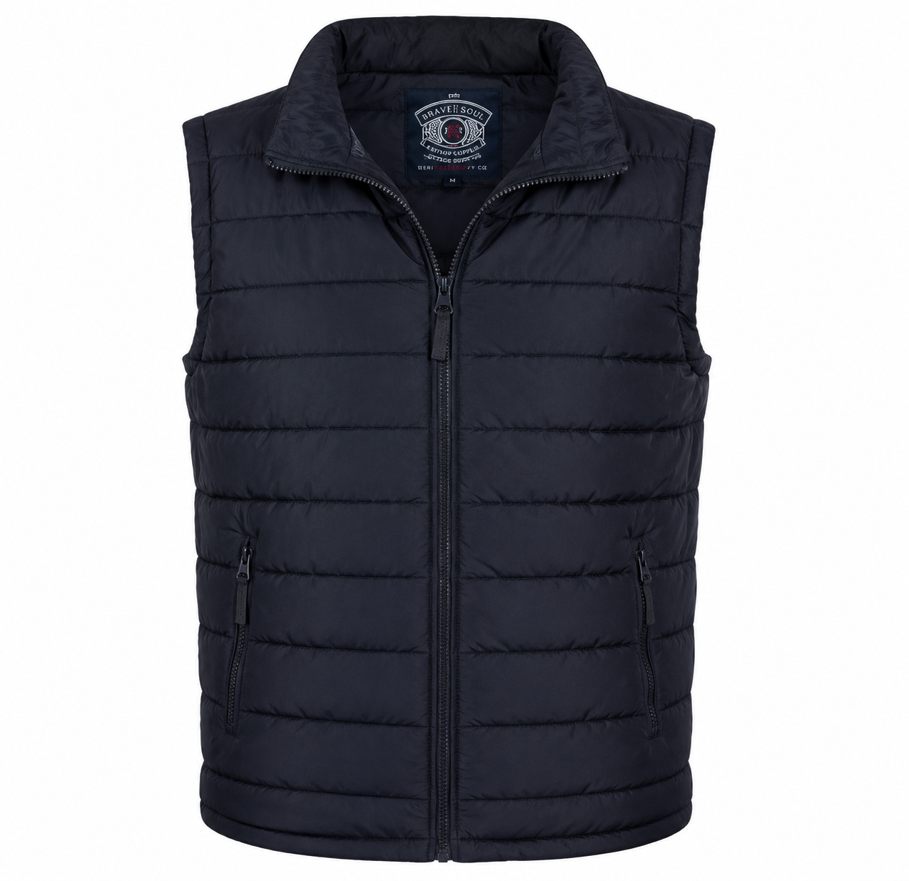  BRAVE SOUL Men's Black Quilted Puffer Jacket featuring a lightweight padded design, full zip closure, stand-up collar, and zippered pockets. Ideal for everyday wear, outdoor activities, and winter layering.