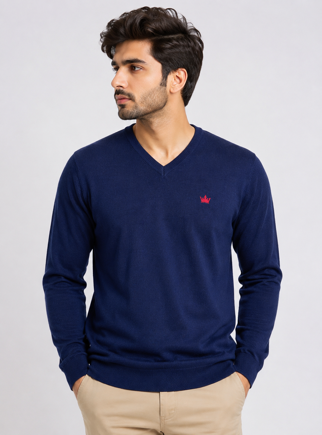  BRAVE SOUL Men's Navy V-Neck Knit Sweater featuring a soft knit fabric, long sleeves, regular fit, and classic V-neck design. Perfect for casual, office, and smart-casual wear.