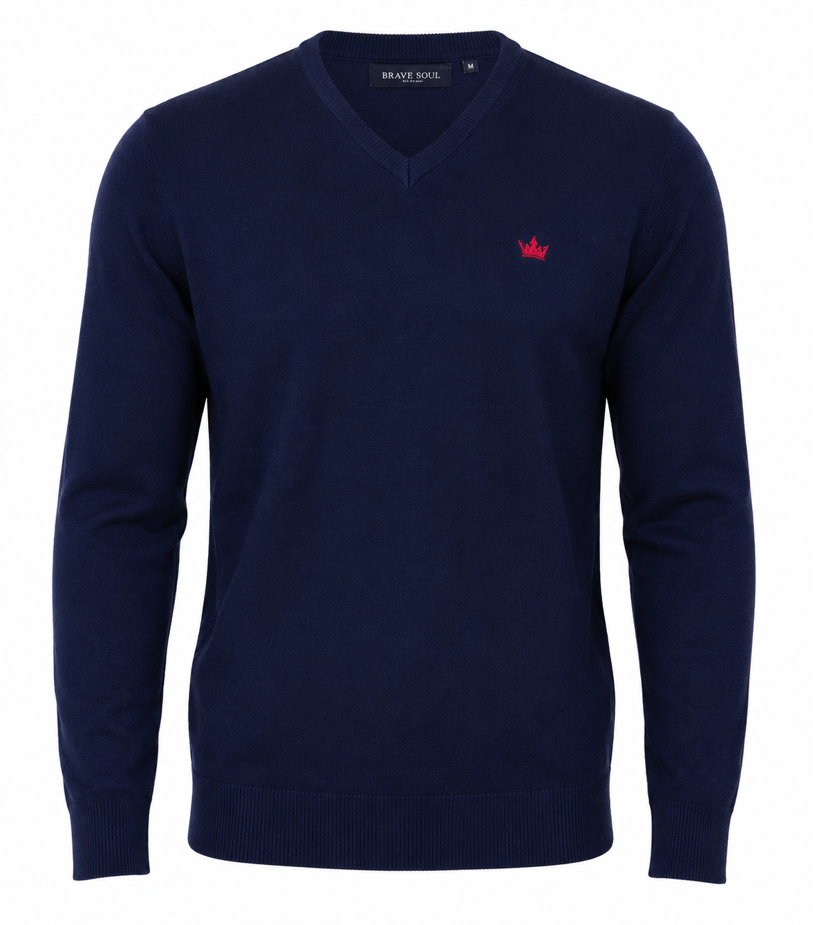  BRAVE SOUL Men's Navy V-Neck Knit Sweater featuring a soft knit fabric, long sleeves, regular fit, and classic V-neck design. Perfect for casual, office, and smart-casual wear.
