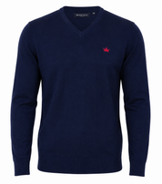  BRAVE SOUL Men's Navy V-Neck Knit Sweater featuring a soft knit fabric, long sleeves, regular fit, and classic V-neck design. Perfect for casual, office, and smart-casual wear.