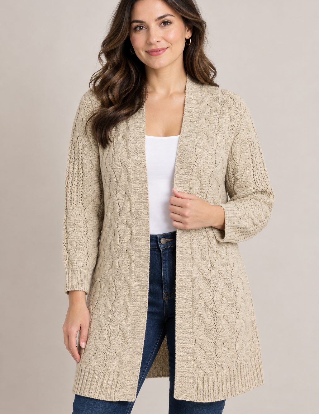  Brave Soul women’s beige cable knit cardigan in UK Size L. Open-front design with long sleeves and textured knit detail, perfect for stylish everyday layering.