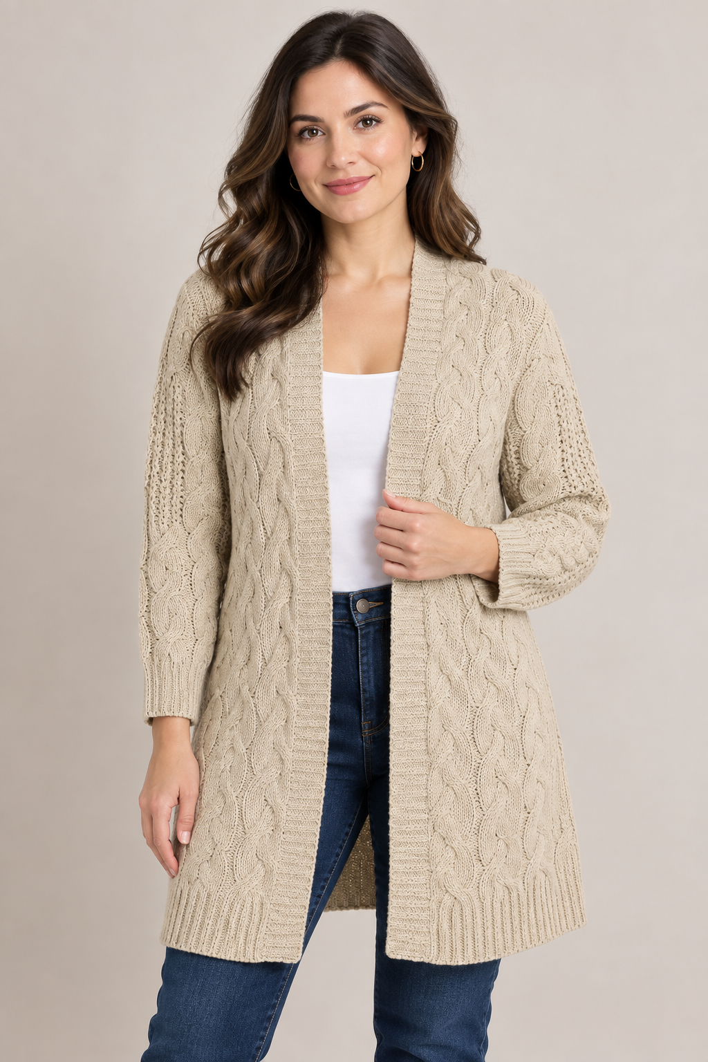  Brave Soul women’s beige cable knit cardigan in UK Size L. Open-front design with long sleeves and textured knit detail, perfect for stylish everyday layering.