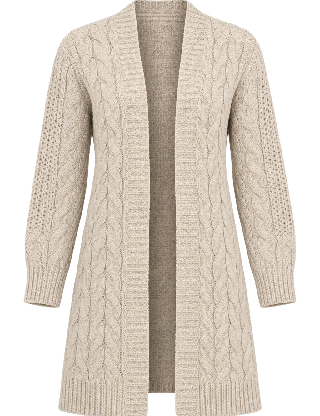  Brave Soul women’s beige cable knit cardigan in UK Size L. Open-front design with long sleeves and textured knit detail, perfect for stylish everyday layering.